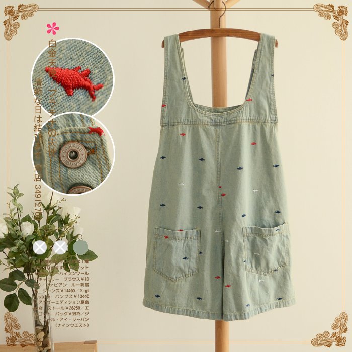   Ʈ  Ϻ Ÿ  ڼ Retail  ݹ Ϲ ũ ủ/denim jumpsuit woman japan style fish embroidery sleeveless denim shorts suspenders regular si